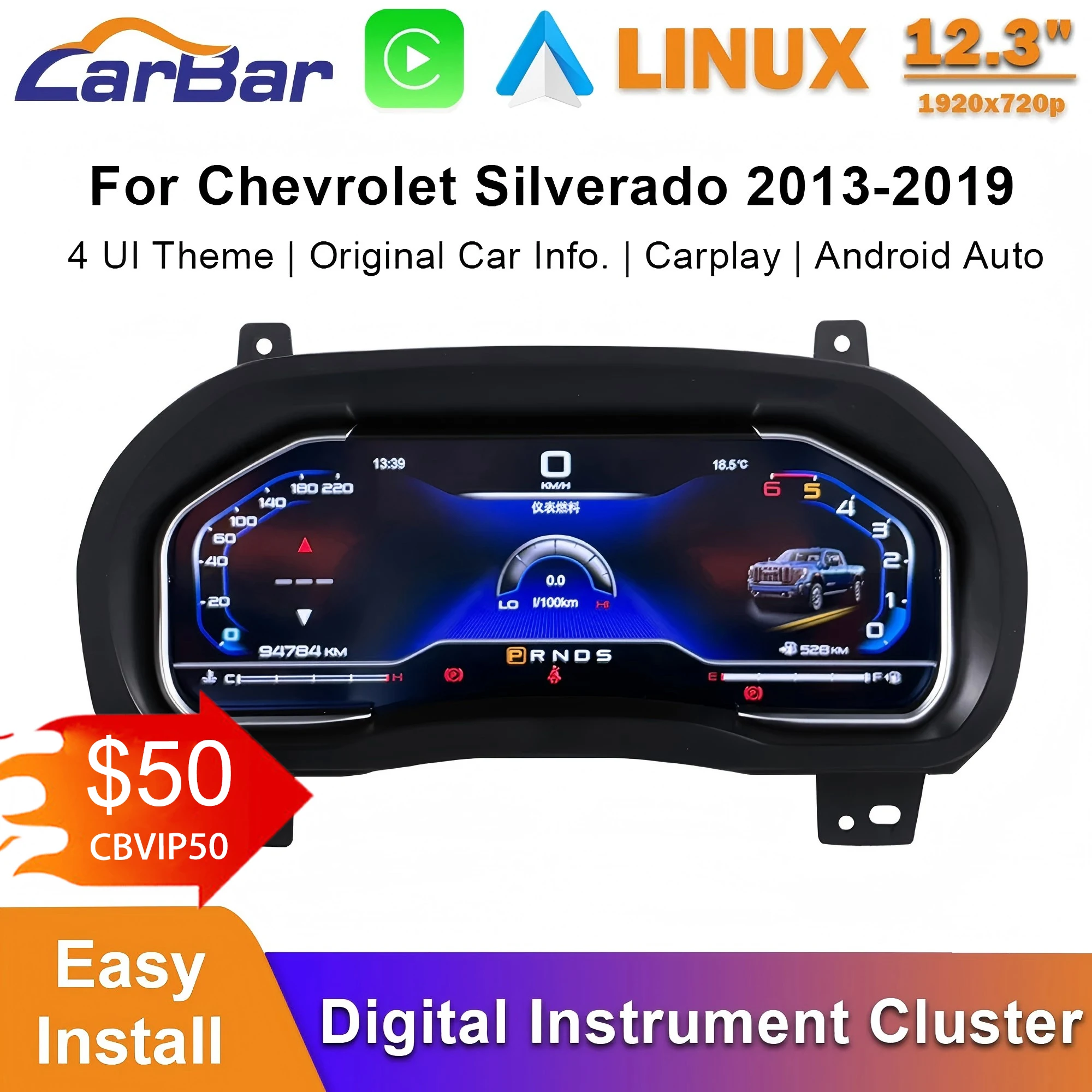 Pantalla LCD de 12.3 Pulgadas para el Tablero de Instrumentos del Automóvil, Velocímetro Digital para Chevrolet Silverado 2013-2019 GMC Sierra 1