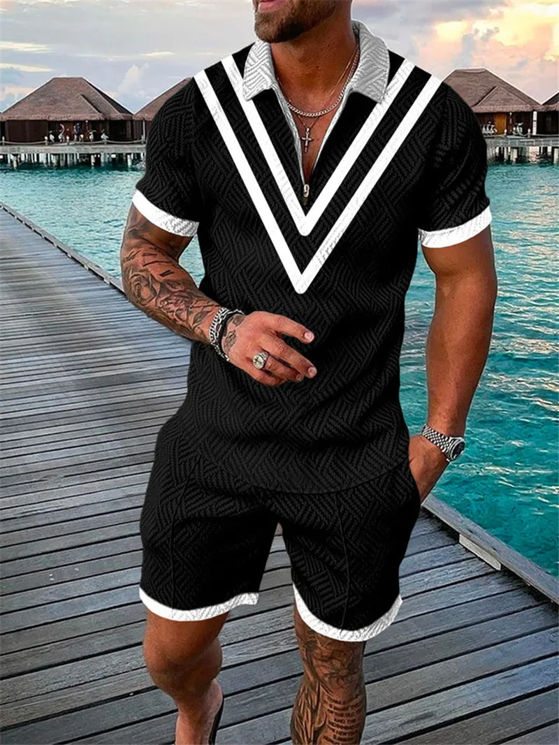 Men Polo Shurt|Elevate your summer wardrobe with our smart casual Men's  Sets, featuring a polo shirt with pocket and shorts in a stylish striped  pattern, perfect for daily wear.