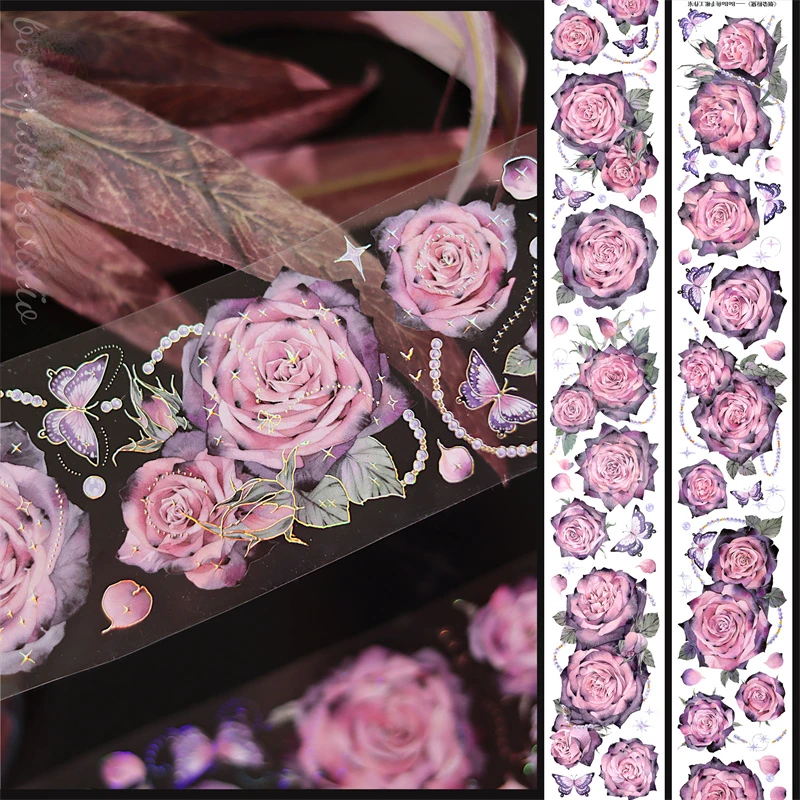 

BoBo 6cmx5M Pink Rose PET Shielding Tape Bronzing Laser Silver Journaling DIY Scrapbooking Adhesive Sticker Art Supply