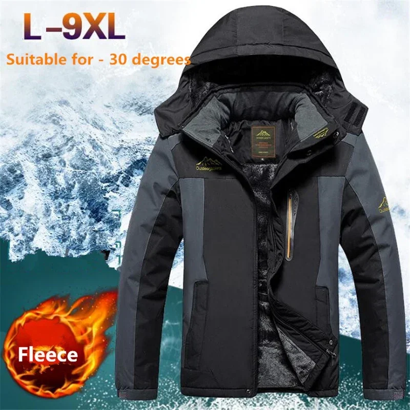 -30 Degree Winter Thick Warm Fleece Jackets Men Windproof Waterproof Retro Hooded Coats Mens Outwear Parka Plus Size 8XL 9XL