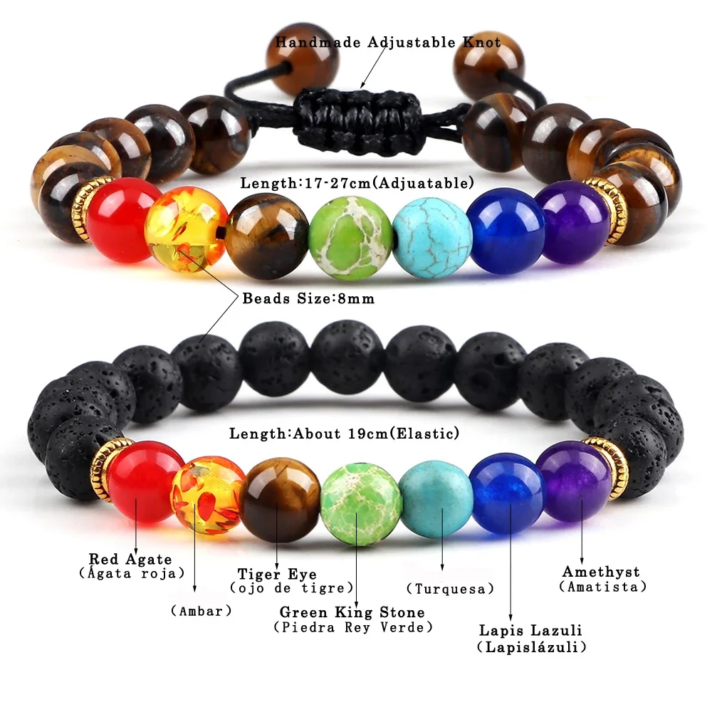 Pulsera trenzada ajustable con cuentas de 7 Chakras para hombre y mujer, brazalete elástico de Lava de 8mm, joyería de Buda Reiki, piedra Natural de 2 piezas