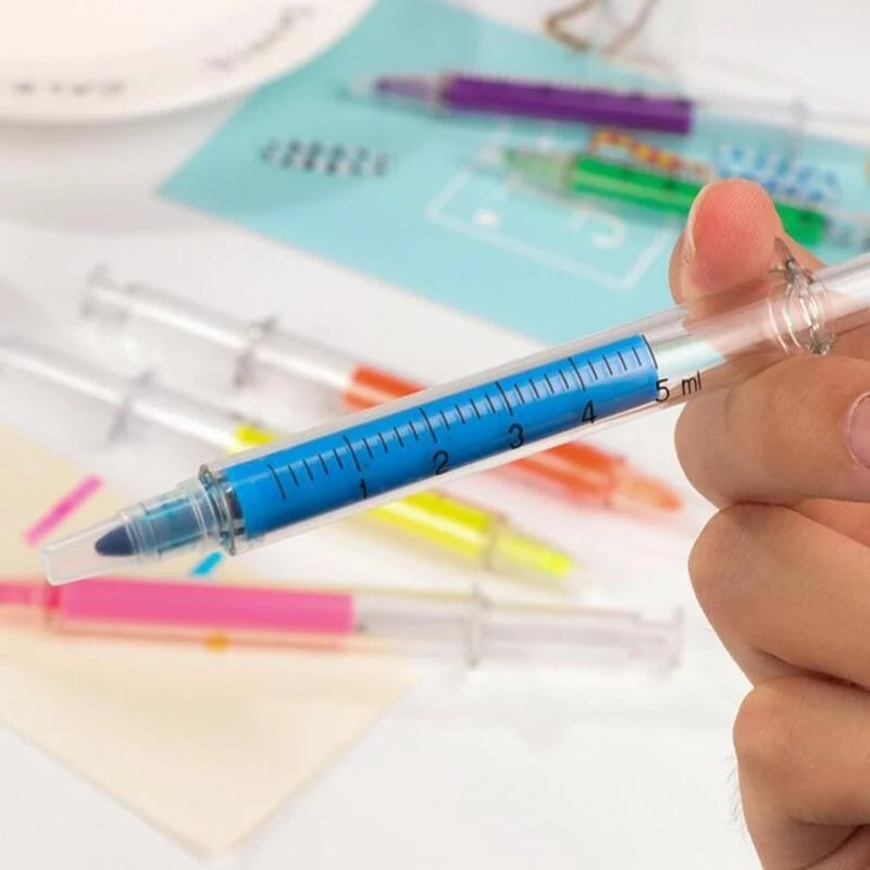 창의적인 실린더 그래피티 주사기, 귀여운 컬러 마커, 형광 펜 문구, 6 개