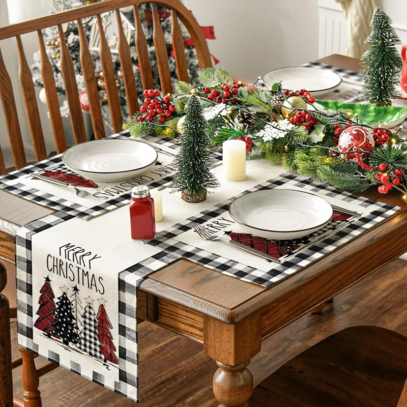 4Pcs Christmas Tree Elk Placemat Linen Dining Table Mats Coaster Bowl Coffee Cup Pad Mat 2024 Navidad Home Kitchen Decoration