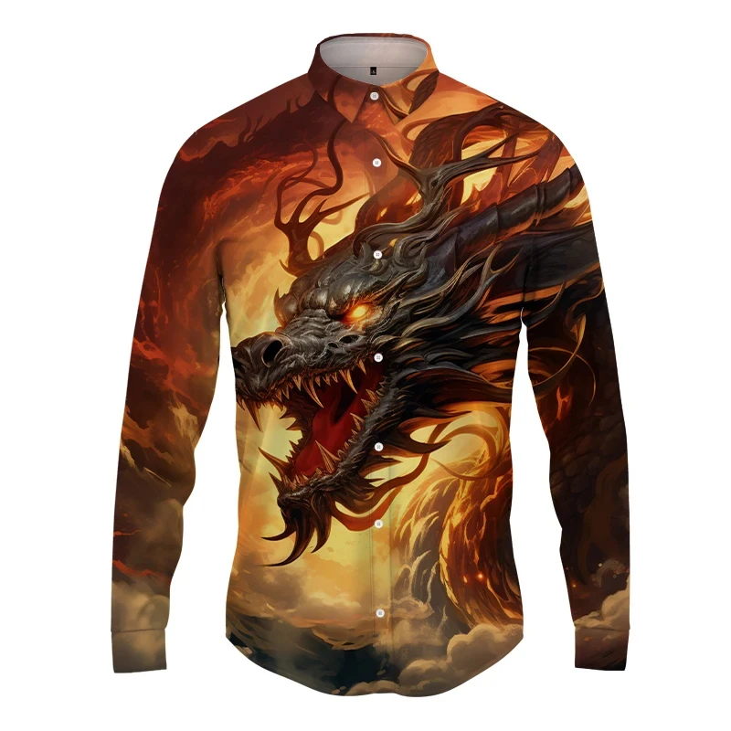 thumbnail image 1 of Nueva ropa de calle para hombre, moda de primavera y otoño, camisa con estampado de dragón 3D y botones para hombre, camisa hawaiana de manga larga para hombre, 1 of 4