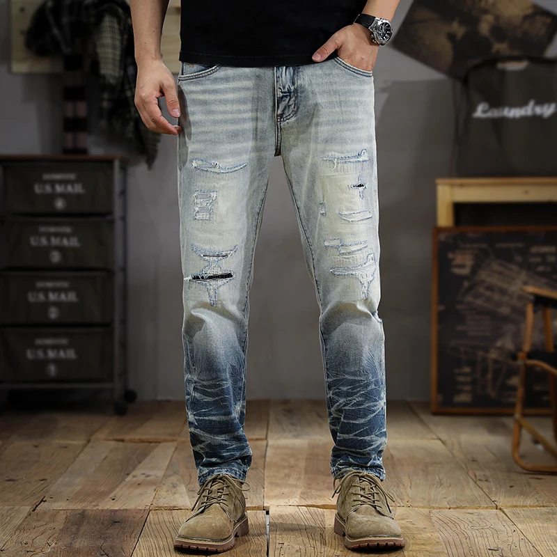 

2024 New Men's American-Style Vintage Washed Distressed Jeans Men's Ripped Stretch Slim Straight Handsome Skinny Pants
