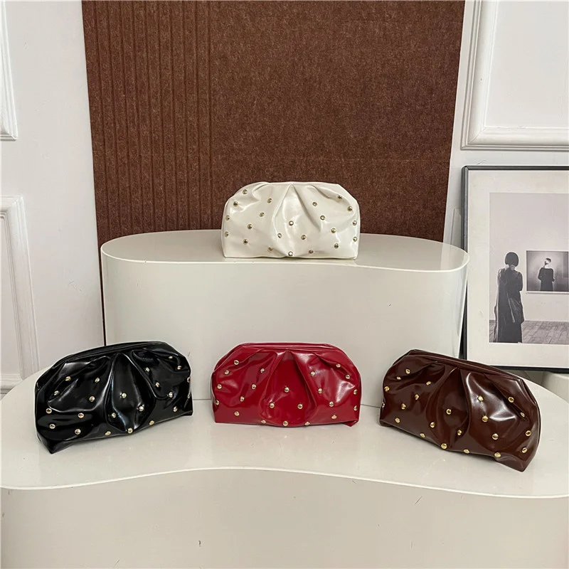 Simple Versatile Evening Handbags for Women Solid Color Rivet Pleated Design Ladies Clutch Female Soft Pu Leather Purse