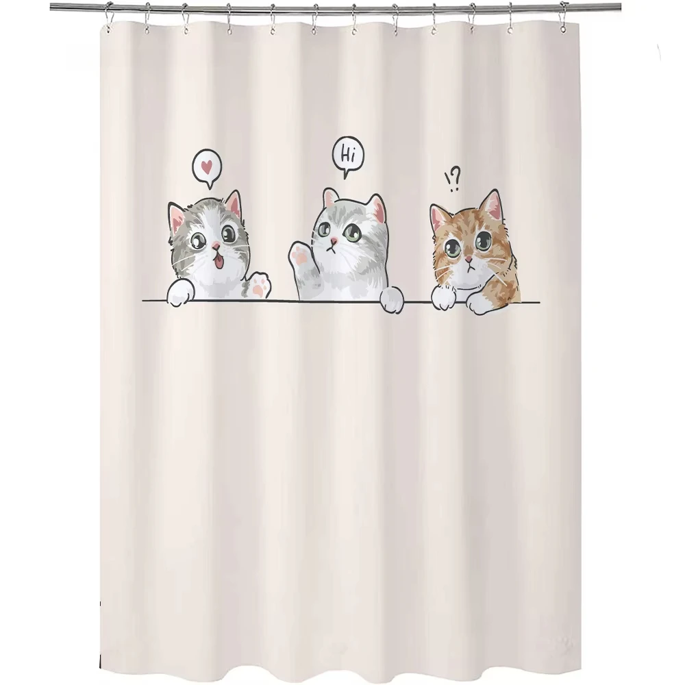 Puppy Cat Cute Cartoon Shower Curtains Washable Fabric Polyester For Bathtub Art Bathroom Decor Partition With Hooks Waterproof 5