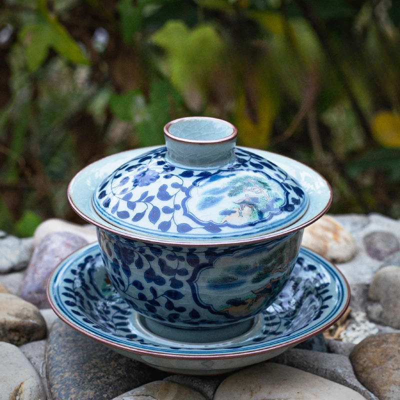 Ceramic Covered Bowl Chinese Style Tea Bowl Ice Cracked Glaze Pattern Tea Set Accessories Kitchen Bar Supplies Household Set