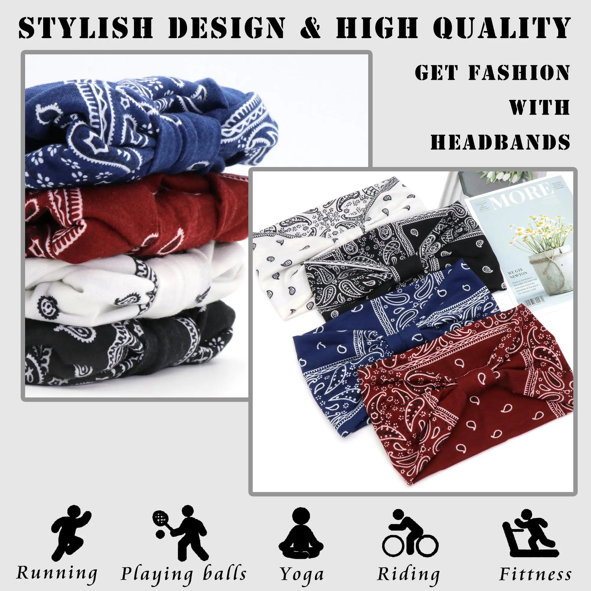 Cashew-Print Stirnbänder für Frauen breite Boho Turban Headwrap Baumwoll knoten elastische Haar bänder Bandeau Sport Workout Haarschmuck – Detail 11