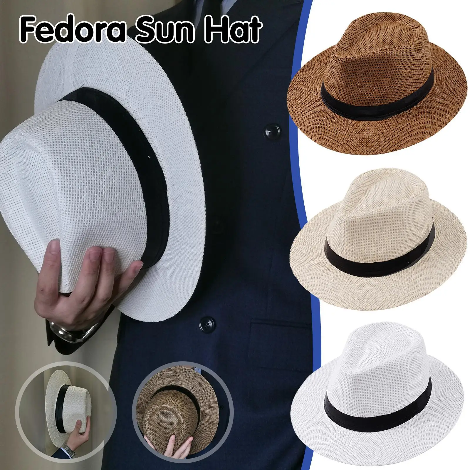 

1pc Fashion Unisex Panama Straw Hat Men Women Summer Casual Beach Flat Straw Hat Sunshade Wide Brim Jazz Fedora Cowboy Sun Hat