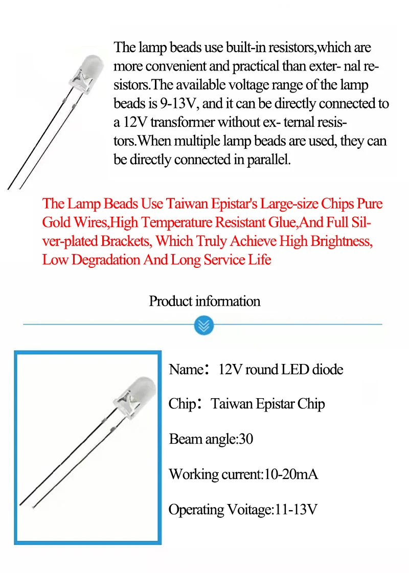 thumbnail image 2 of 5 Pack 12V 5mm Cool White LED Lights - Ultra Bright, Internal Resistor, 5V-15V Range 2 of 13