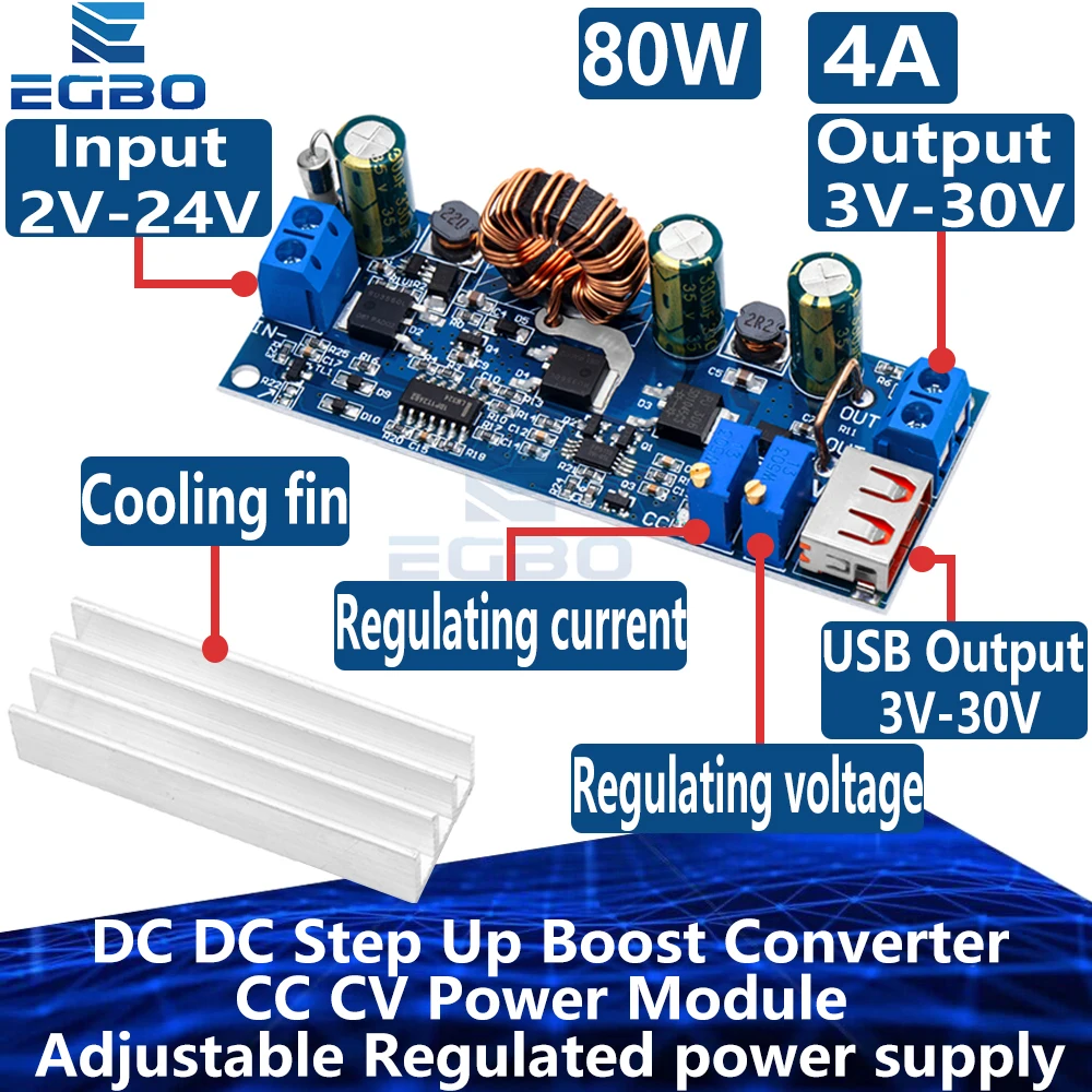 80W 4A DC-DC Boost Converter Module with CC/CV Adjustment | 2-24V to 3 ...