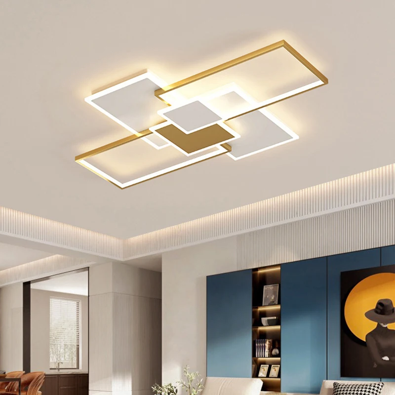 Modern Led Chandelier Gold Ceiling Lamp Rectangle Style For Bedroom Living Room Dining Room Kitchen  Design Remote Control Light