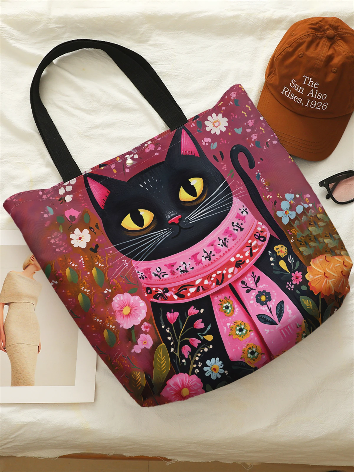 1pc，Flower patterned handbag, reusable fashionable handbag, multifunctional handbag, printed canvas shopping bag