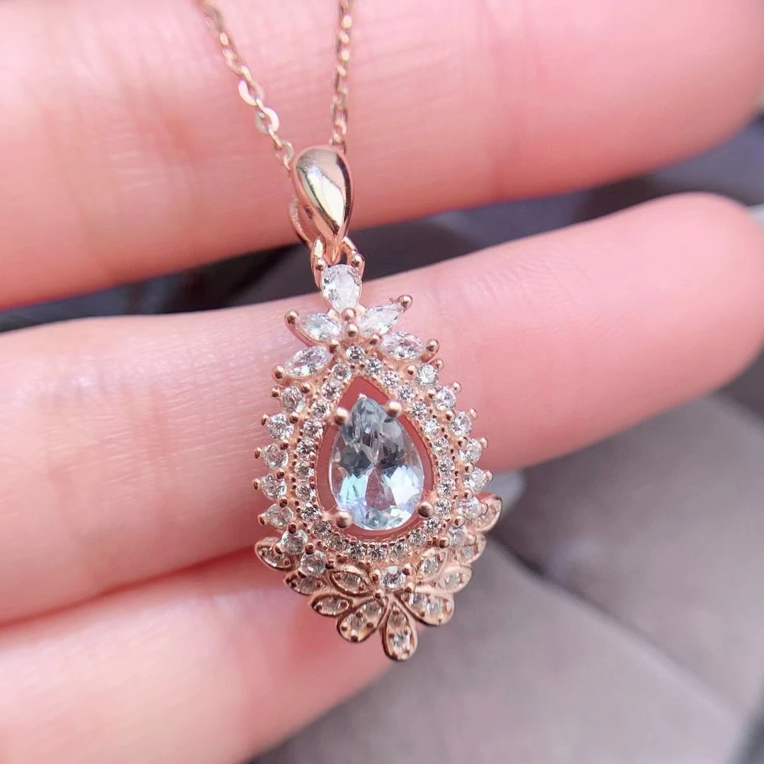 

Женский кулон с голубым топазом, свадебное Ювелирное Украшение с натуральным топазом 6 мм * 8 мм с позолоченным цельным серебряным 925 пробы, ожерелье с подвеской из драгоценного камня