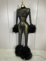 STOCK Luxury Diamond Black Mesh Transparent Stretchy Long Sleeve Jumpsuit Women Sexy Performance Singer Costume Nightclub Outfit - Image 2