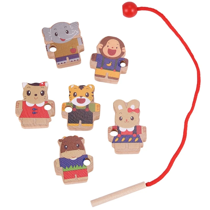 

2023 Hot-Wooden Toys Diy Toy Cartoon Animal Threading Wooden Beads Toy Montessori Educational For Kids