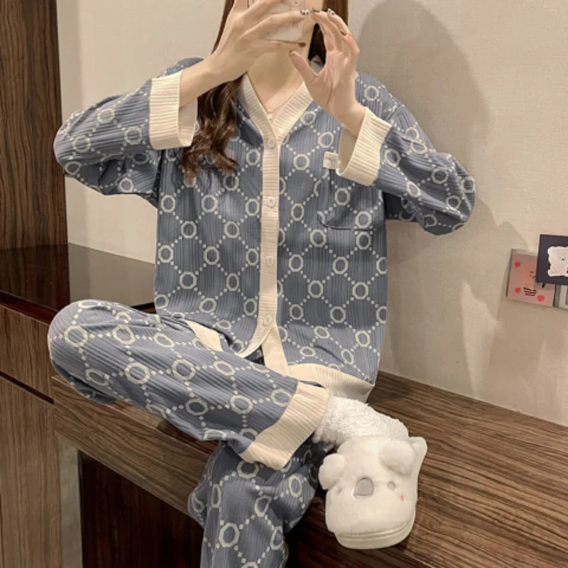 Pajama Sets Women V-neck Sweet Simple Design Casual Cozy Japanese Style Ladies Pockets Fashion Sleepwear Loose Lovely Spring New