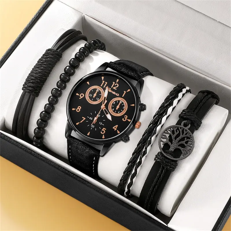 

5Pcs Set Fashion Mens Sports Watches Man Business Quartz Wristwatch Luxury Leather Bracelet Men Casual Clock Watch