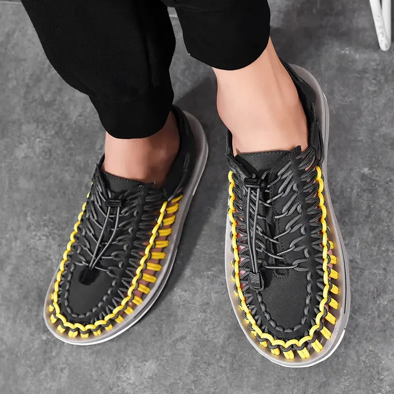 2024 New Leisure Men's Spring/Summer Knitted Sandals Fashionable and Trendy Beach Shoes with A Headband and One Step Lazy Shoes