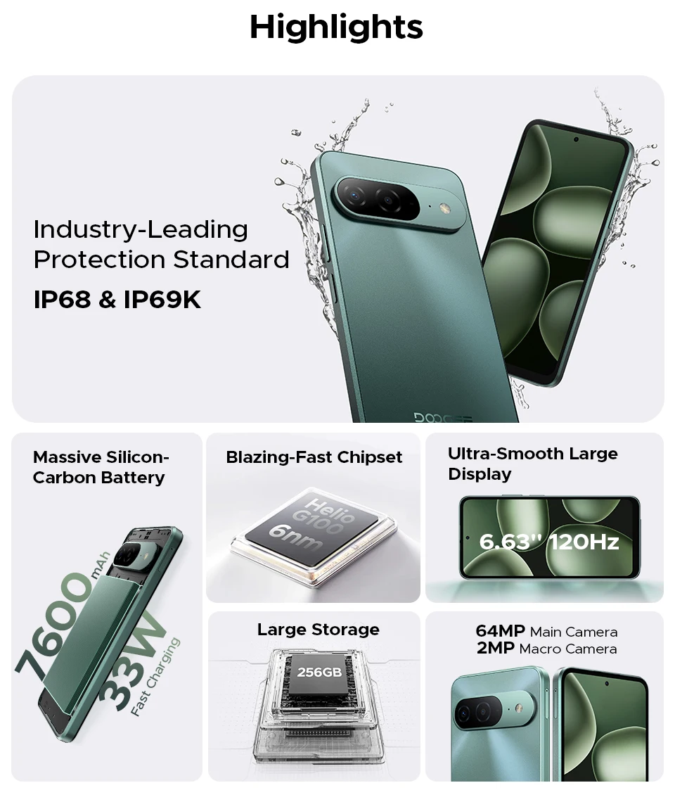 Global Version DOOGEE B10 Smartphone Android 16 48GB+256GB IP68 / IP69K Helio G100 7600mAh Large Battery 64MP Camera Cell Phone