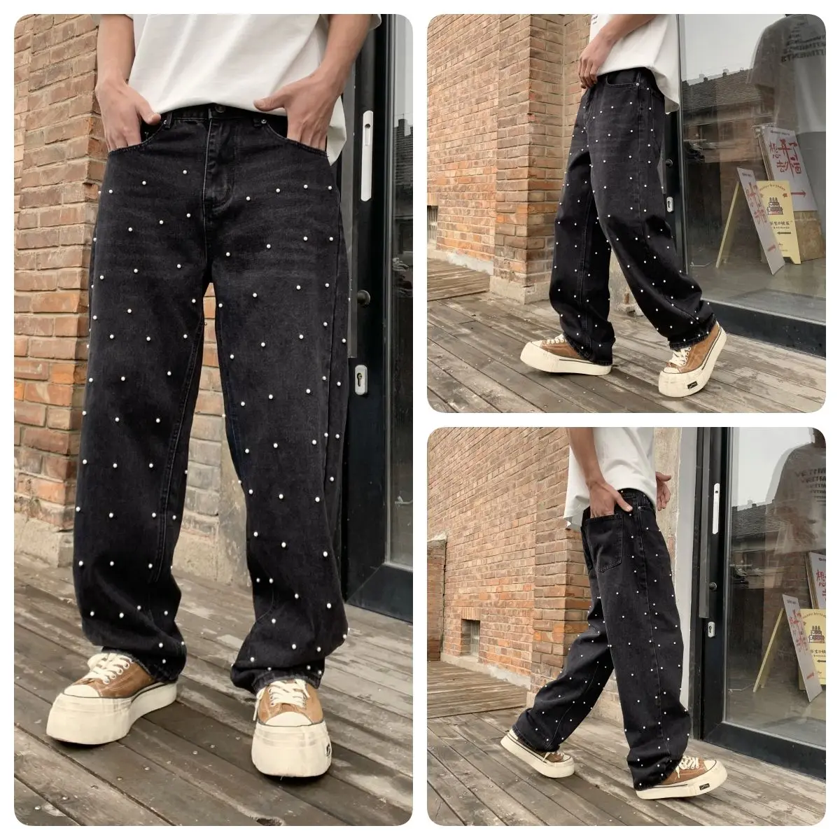 Pearls Black Wide Jeans Men Street Wear Mid Rise Heavy Weight Pants Man New Y2k Trousers 5