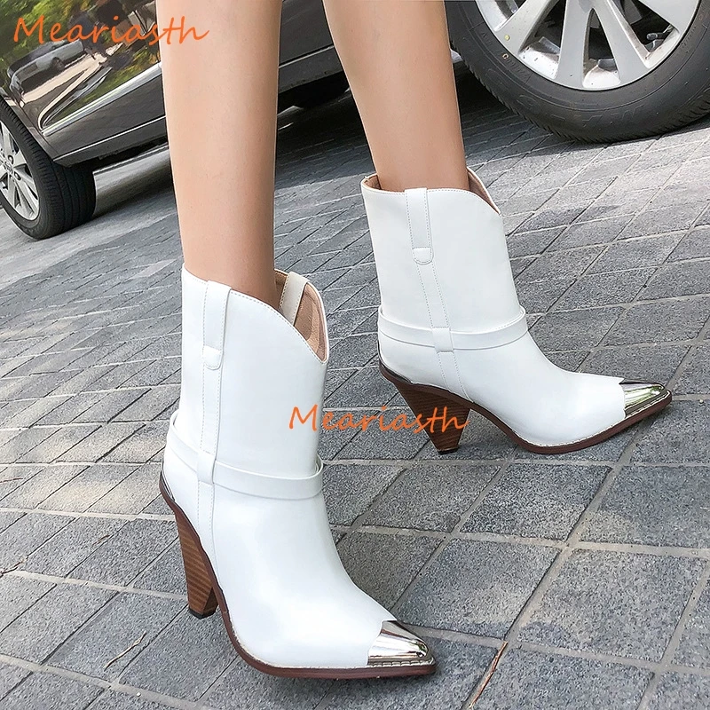 

Meariasth Genuine leather boots women metal pointed toe high heels autumn winter western boots fashion snake tassel ankle boots