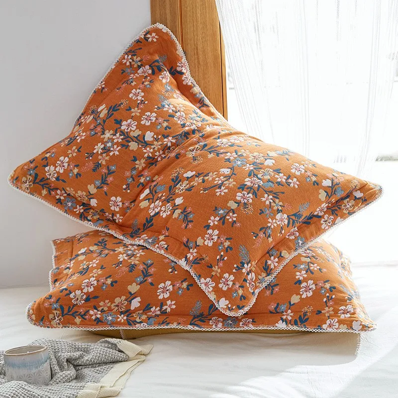 2 PCS Full Cotton Pillowcase Adult Kids Large Size 4 Layers Muslin Cotton Pillowcase Bedding Pillow Case With Lace Bordure