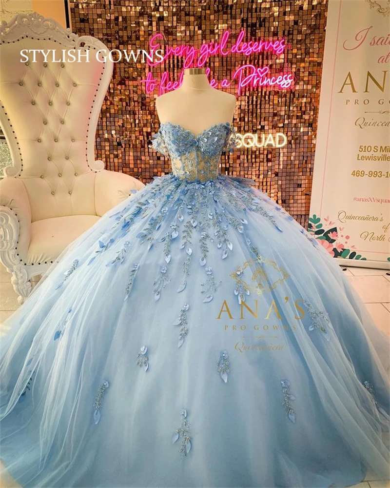 

Blue Off The Shoulder Ball Gown Quinceanera Dress For Girls Beaded 3D Flowers Birthday Party Gowns Prom Dresses Lace Up Back