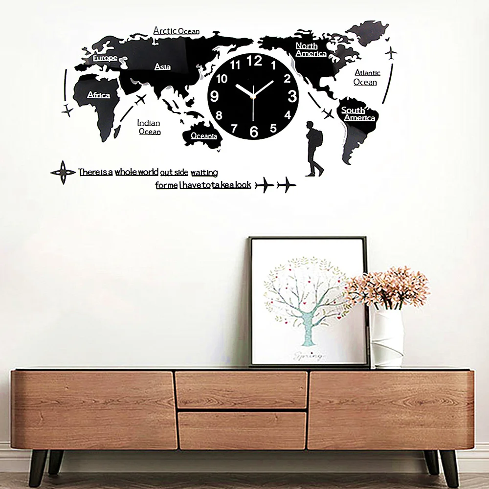 A travel-themed 3D World Map Wall Clock decorates the wall.