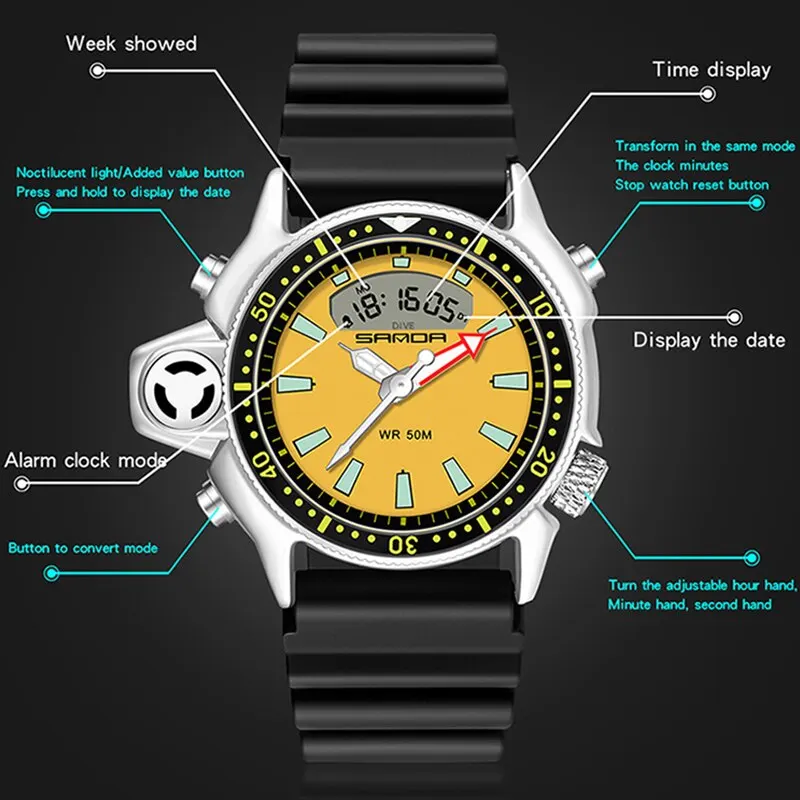 Sanda Sport Men Quartz Digital Watch Creative Diving Watches Men Waterproof Alarm Watch Dual Display Clock Relogio Masculino, Alina Gadgets