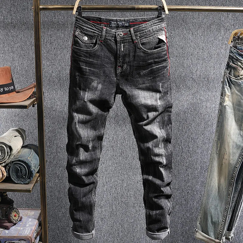 

Fashion Designer Men Jeans Retro Black Gray Stretch Slim Fit Ripped Jeans Men Trousers Italian Style Vintage Denim Pants Hombre