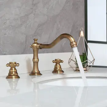 Antique Brass Bathroom Sink Faucet with Dual Handles Deck Mounted Mixer Taps Three Hole Bathtub Faucets Hot Cold Water Tap 1