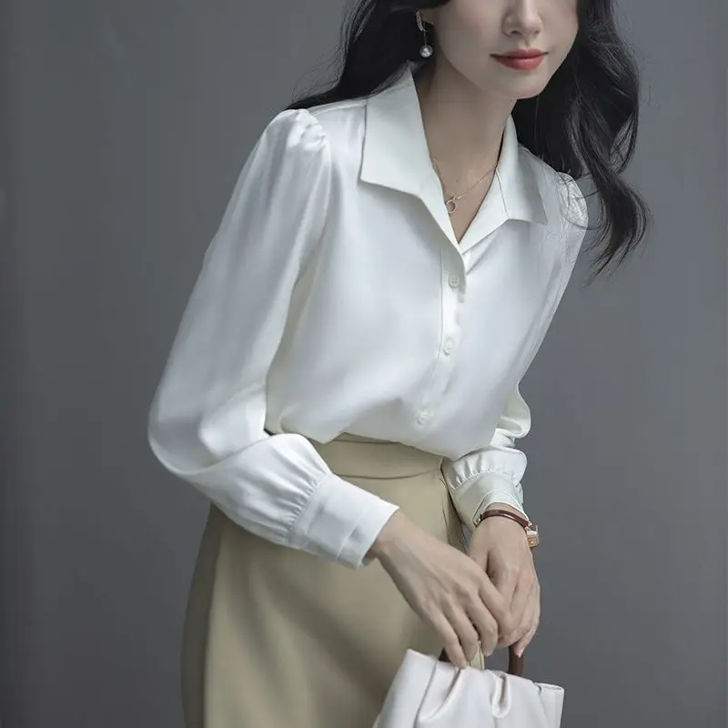 2024 New Summer Oversized Loose Casual Office Lady Women's Shirt Solid Color Retro Folds Button Lapels Long Sleeve Y2K Chic Tops