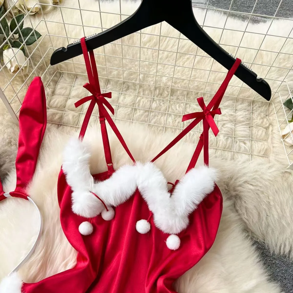 Sexy V-Neck Camisole Women's Bodysuit Bunny Girl Sweet Bow Bobble Patchwork Playsuit Slim Fit Sleeveless Jumper Cosplay Pajamas