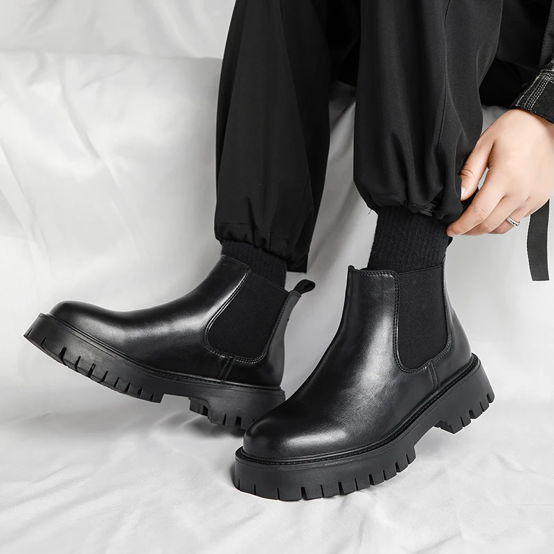 

High Quality Shoes Men's Increase Chelsea Boots Elegant Leather Winter Short Boots Business Boots Leather Plush Round Toe Shoes