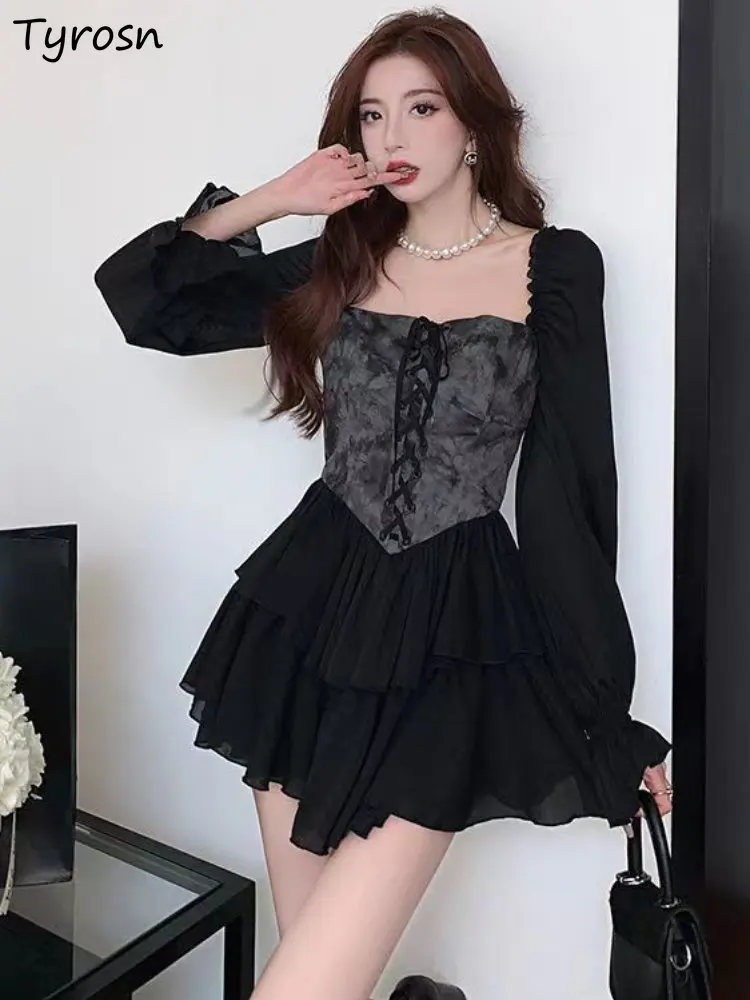 

Long-sleeve Dresses Women Sweet Sexy Retro Empire Slim Design Mini Vestidos Korean Style Casual Bandage Hot Girls Autumn Party