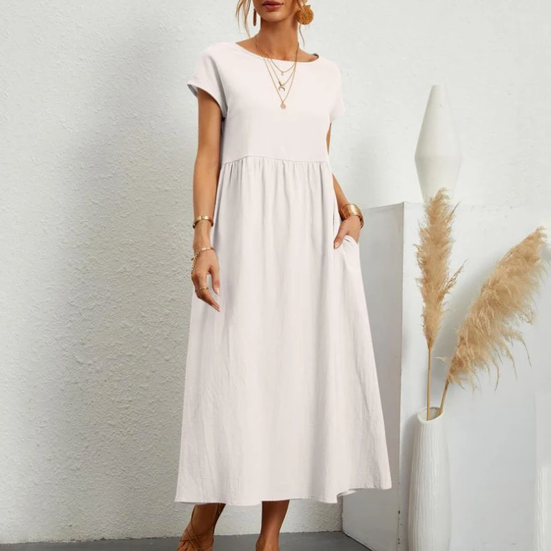

Casual Short Sleeve Cotton Dress with Pocket O Neck Women Loose Long Dress Linen Maxi Dresses Vestido Korean Fashion Solid 24647