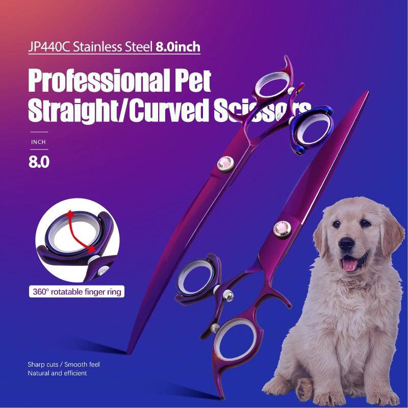 

Fenice JP440C Dog Scissors Professional 8 inch 360 Degree Rotating Handle Swivels Purple Straight Curved Pet Grooming Scissors