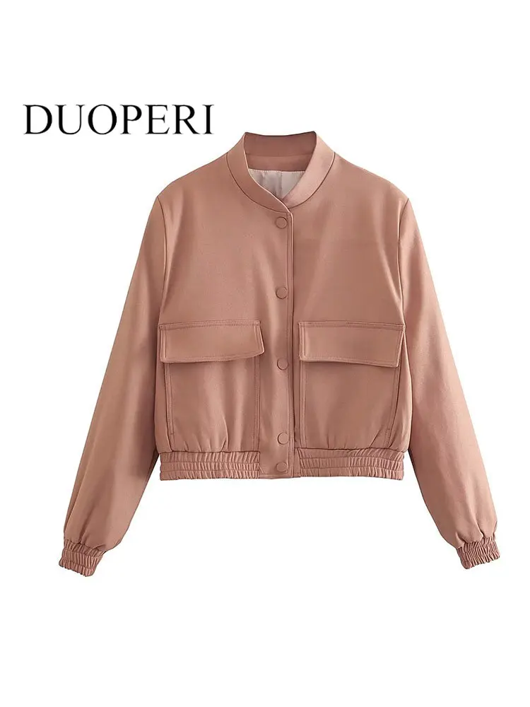 

DUOPERI Women Fashion With Pockets Pink Single Breasted Bomber Jackets Vintage O-Neck Long Sleeves Female Chic Lady Outfits