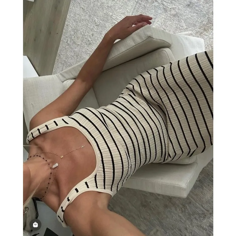 Vestido largo de punto a rayas sin espalda para mujer, cuello redondo, sin mangas, ajustado, elegante, para fiesta, espagueti, para vacaciones y playa