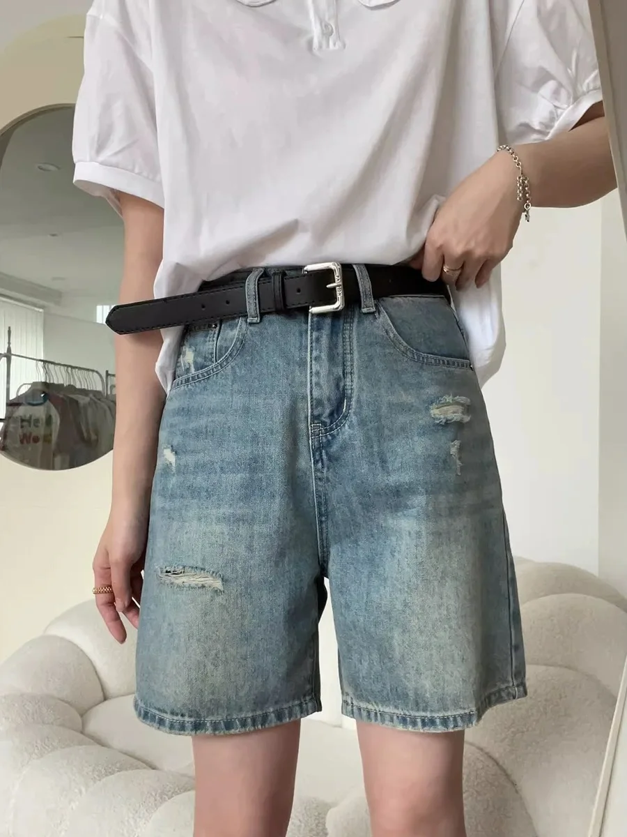 

Summer New Women Blue Denim Shorts Casual High Waist Ripped Straight Knee Length Jeans All-matched Ladies Shorts Streetwear