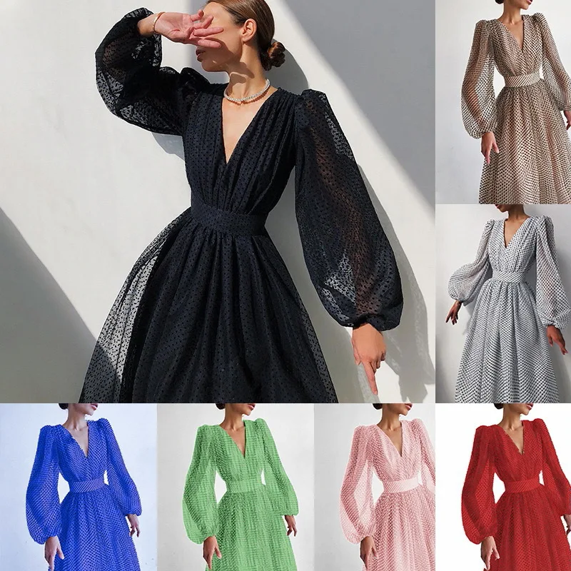 

2023 New Arrival Women Dress Spring/Summer New Style Ladies Bubble Long Sleeves Polka Dot Large Swing Dress