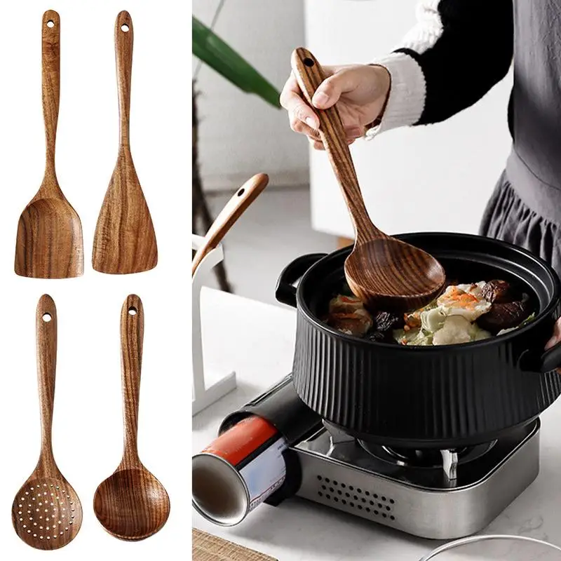 4PCS wooden Cooking Spoons Natural Wooden Kitchen Tableware Tool Soup Spoon Colander spoon Spatula Thin Spatula or Fork Utensils