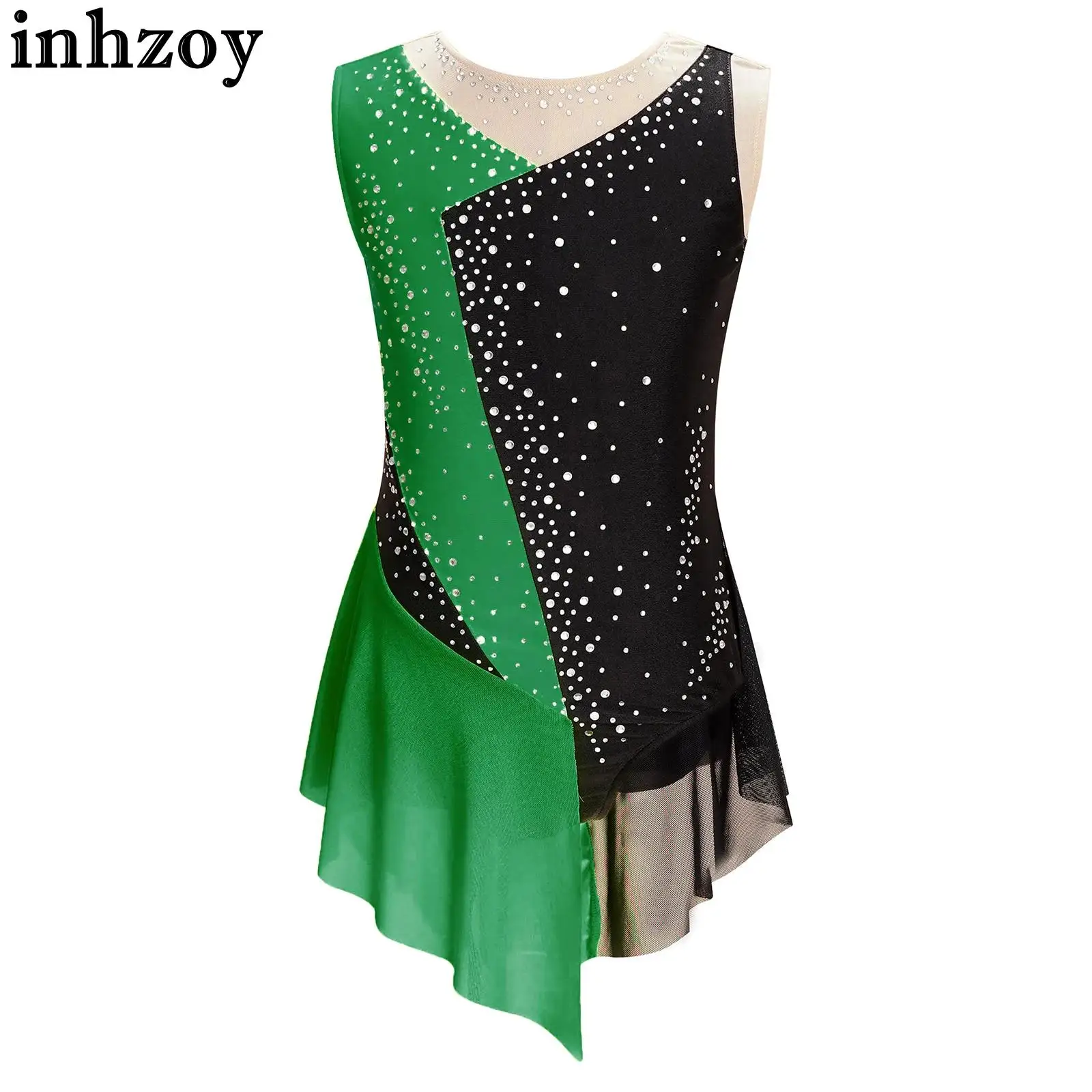 

Kids Girls Figure Skating Dance Dress Ballet Gymnastics Leotards Sleeveless Shiny Rhinestone Competition Performance Costume