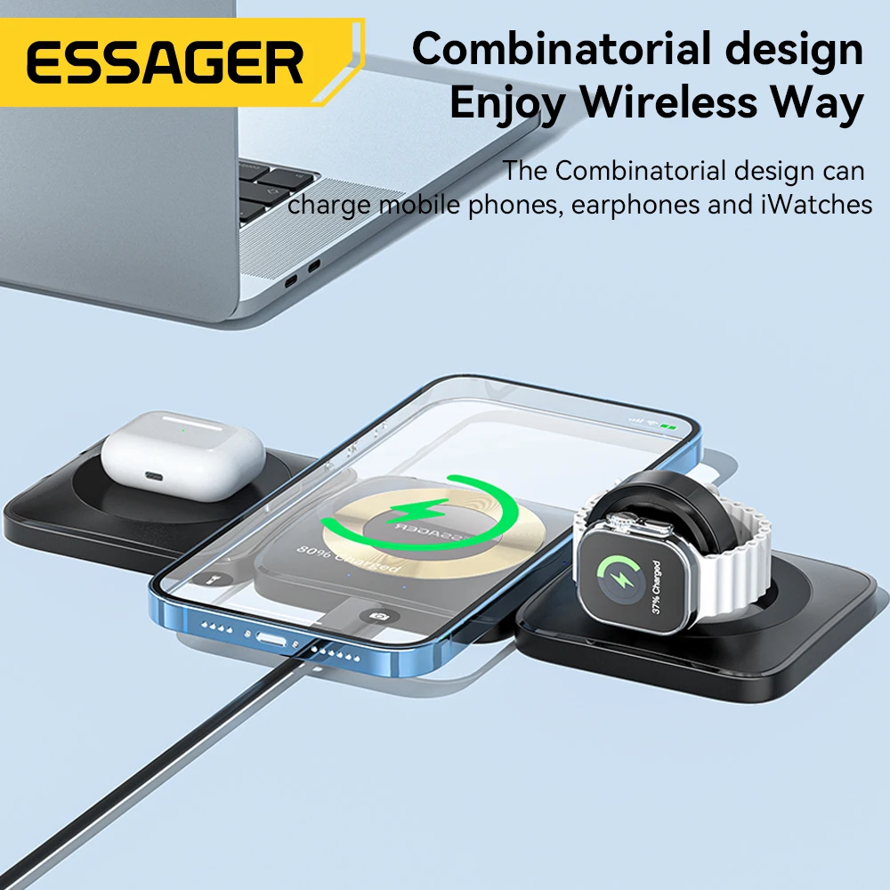 Essager 3 in 1 Magnetic 15W Wireless Charger Stand For iPhone14 13 12 Pro Max Fast Charging Dock Station For Apple Watch/AirPods