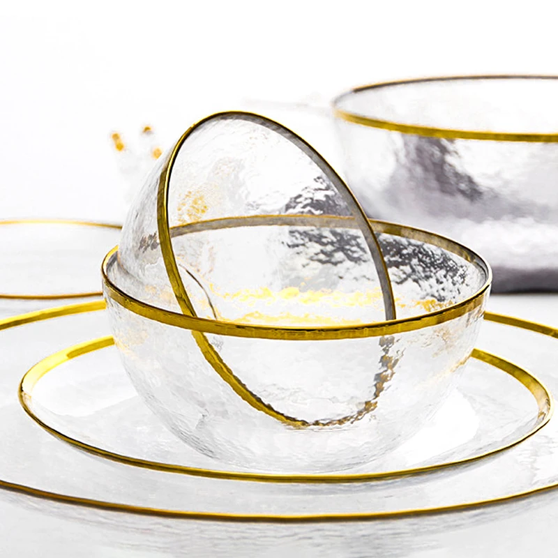 1pc Handcrafted Phnom Penh Glass Tableware Transparent Leather Bowl Household Bowl Plate Plate Crystal Hammer Mesh