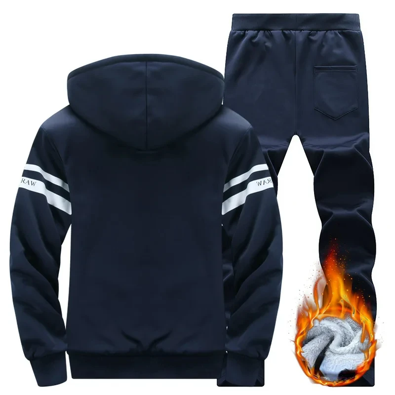 2023 Large Winter Men's Casual Sports Plush Set Hooded Coat Korean Edition Warm and Thickened Two Piece Set Clothes for Men 4