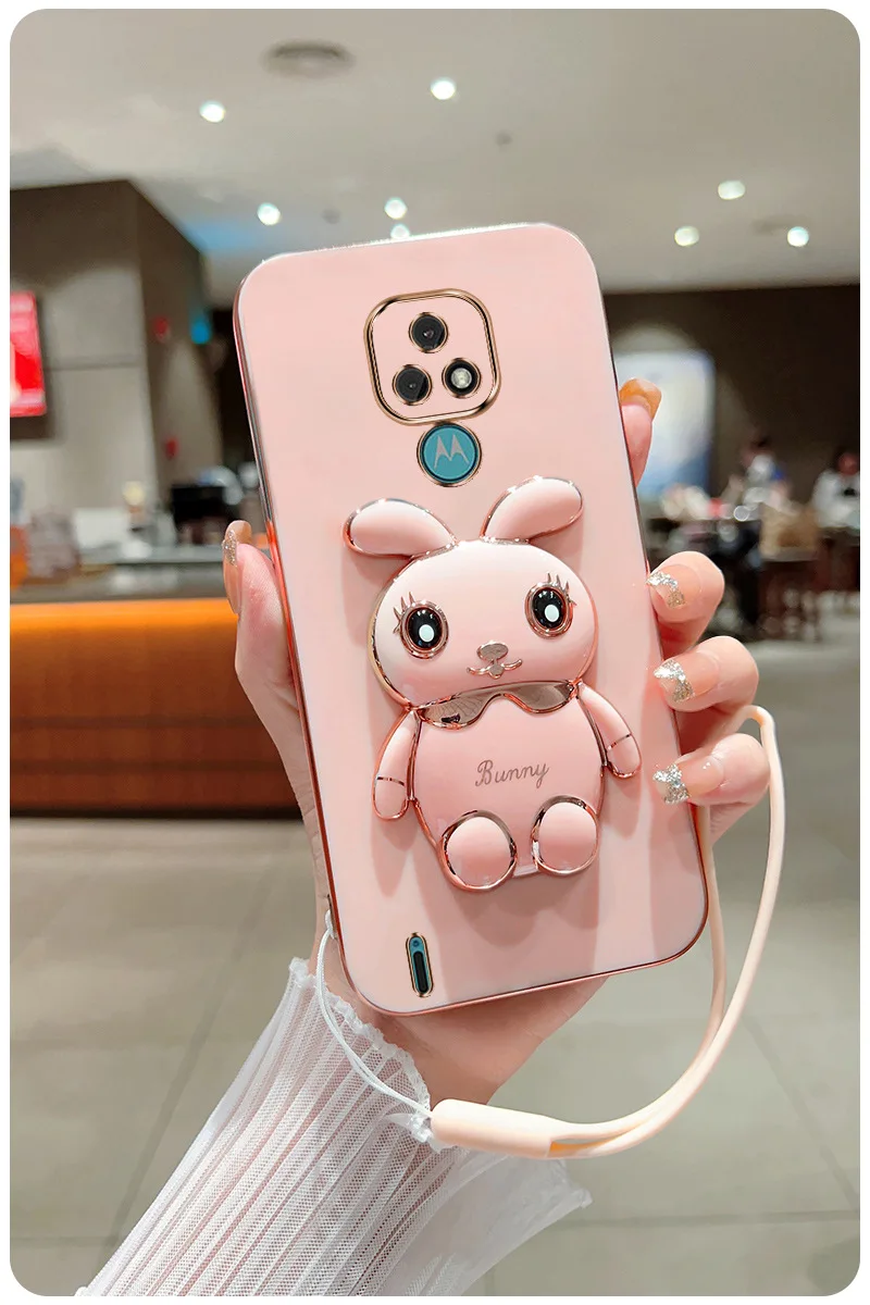 3D Rabbit Astronaut CaseFor Motorola Moto G53 E7 G8 Power G9 Play G50 G20 G30 G60 G82 E20 Edge 20 Folded Bracket Plating_voghion.com