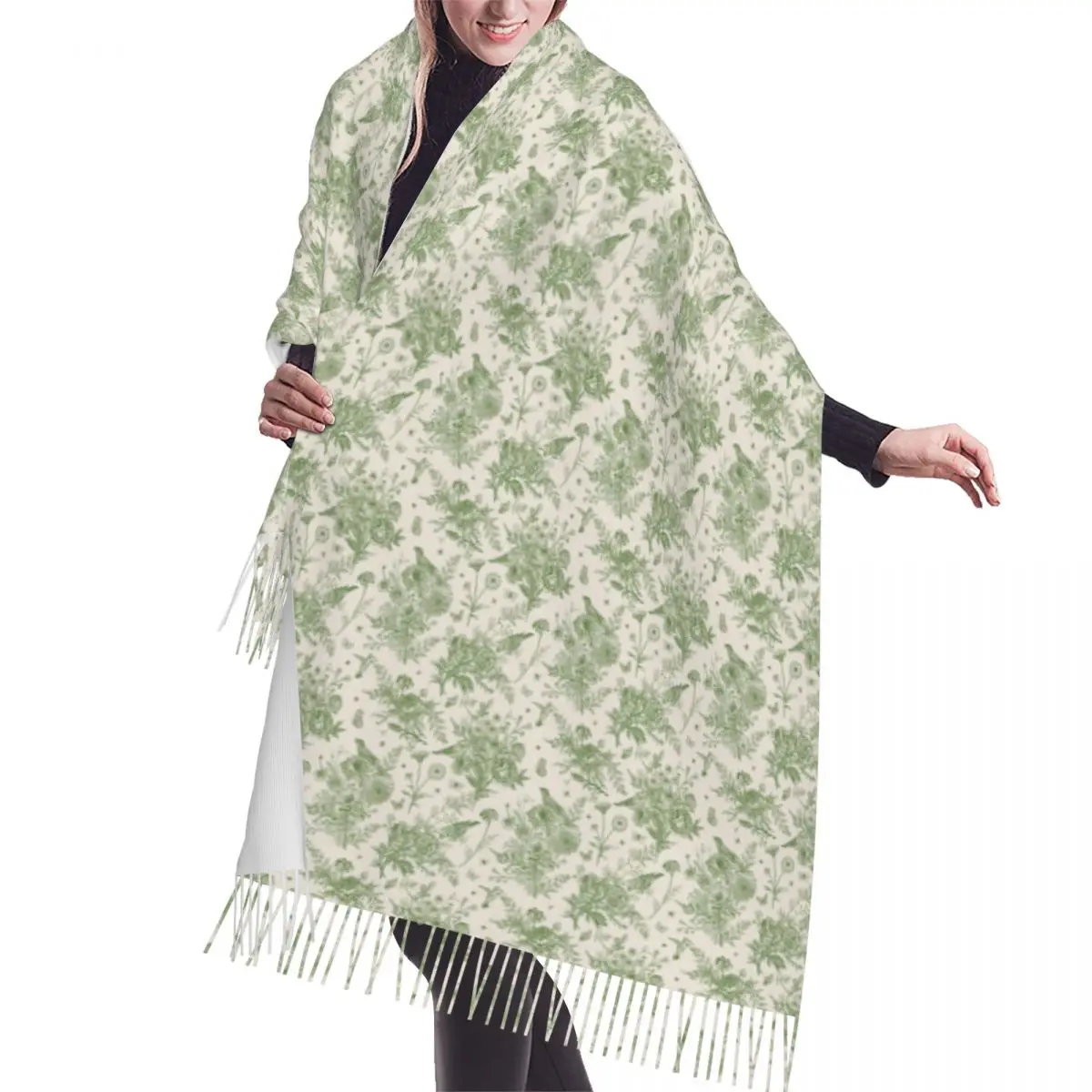 

French Toile De Jouy Floral Green Off White Scarf Wrap for Women Long Winter Warm Tassel Shawl Unisex Traditional Art Scarves